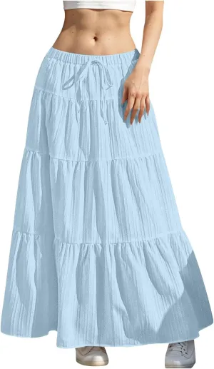 Maxi Skirts for Women Beach Boho Tiered Flowy Swing Midi Skirt Elastic Drawstring Waist Layered Pleated Long Skirt