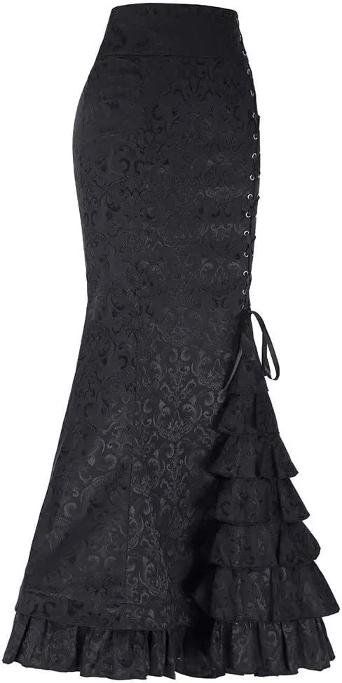 Maxi Skirts for Women Steampunk Renaissance Gothic Medieval Lace Up Tiered Ruffle Fishtail Pencil Bodycon Long Skirt
