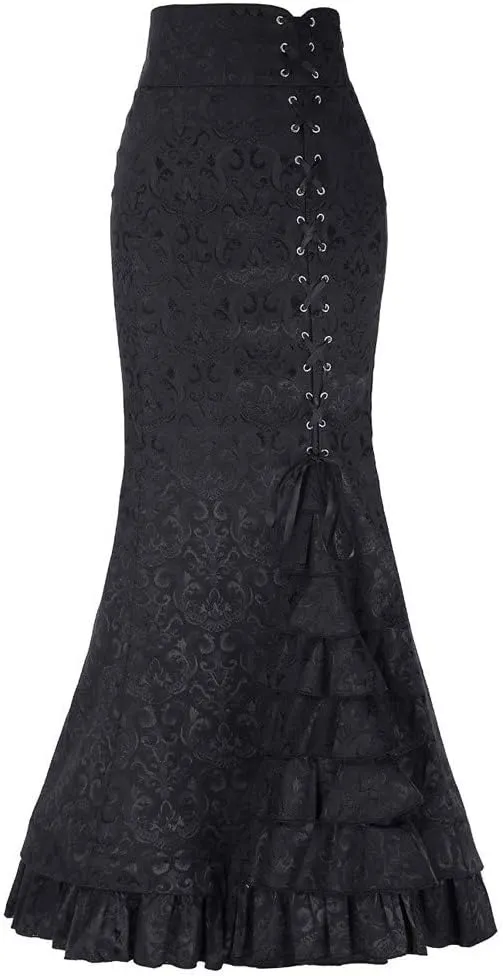 Maxi Skirts for Women Steampunk Renaissance Gothic Medieval Lace Up Tiered Ruffle Fishtail Pencil Bodycon Long Skirt