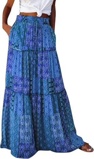 Maxi Skirts for Women Summer Boho Pleated Elastic High Waisted Skirts A-Line Flowy Swing Maxi Skirt with Pockets