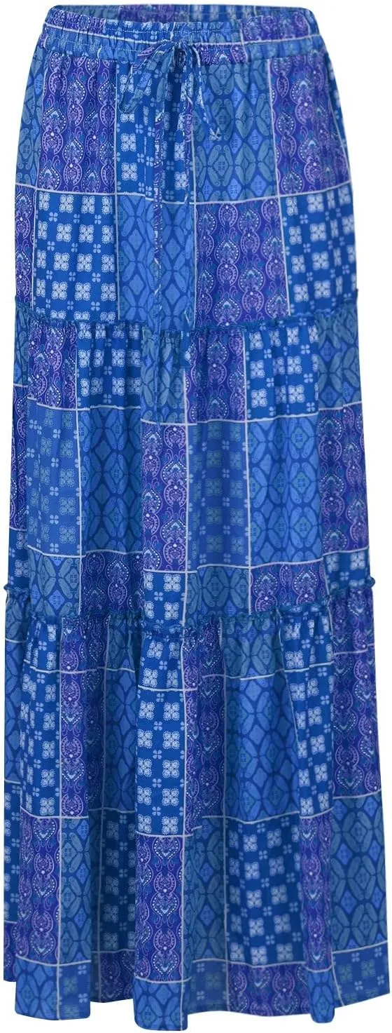 Maxi Skirts for Women Summer Boho Pleated Elastic High Waisted Skirts A-Line Flowy Swing Maxi Skirt with Pockets