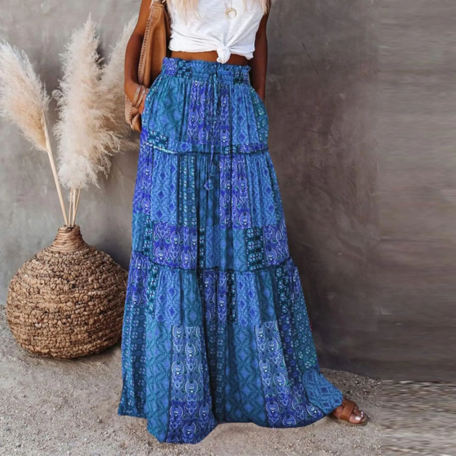 Maxi Skirts for Women Summer Boho Pleated Elastic High Waisted Skirts A-Line Flowy Swing Maxi Skirt with Pockets