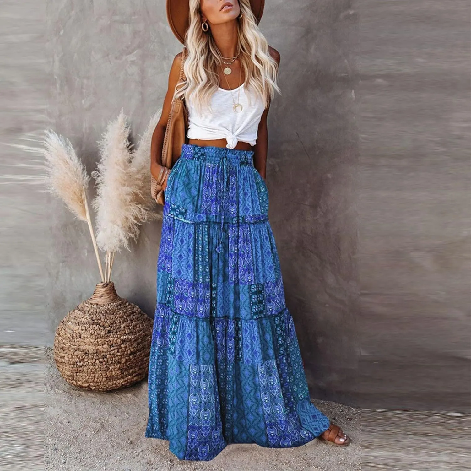 Maxi Skirts for Women Summer Boho Pleated Elastic High Waisted Skirts A-Line Flowy Swing Maxi Skirt with Pockets