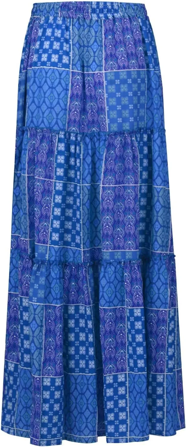 Maxi Skirts for Women Summer Boho Pleated Elastic High Waisted Skirts A-Line Flowy Swing Maxi Skirt with Pockets