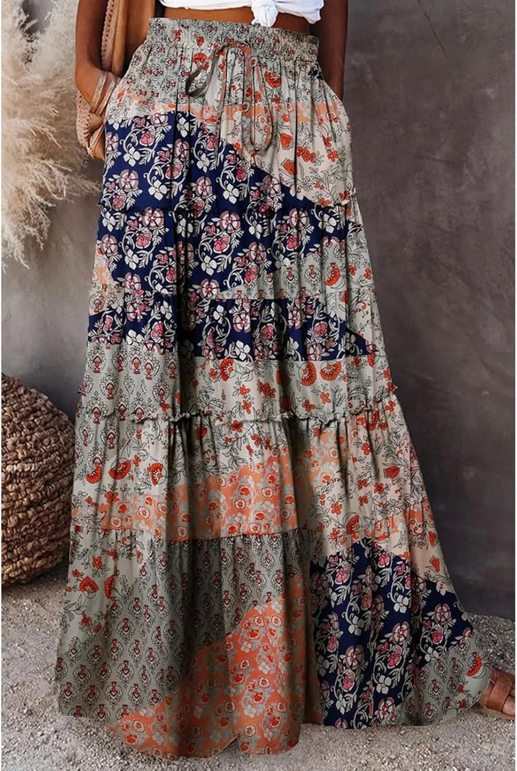 Maxi Skirts for Women Summer Floral Elastic High Waist Drawstring Tropical Skirts Pleated A-Line Tiered Long Skirt