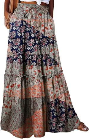 Maxi Skirts for Women Summer Floral Elastic High Waist Drawstring Tropical Skirts Pleated A-Line Tiered Long Skirt