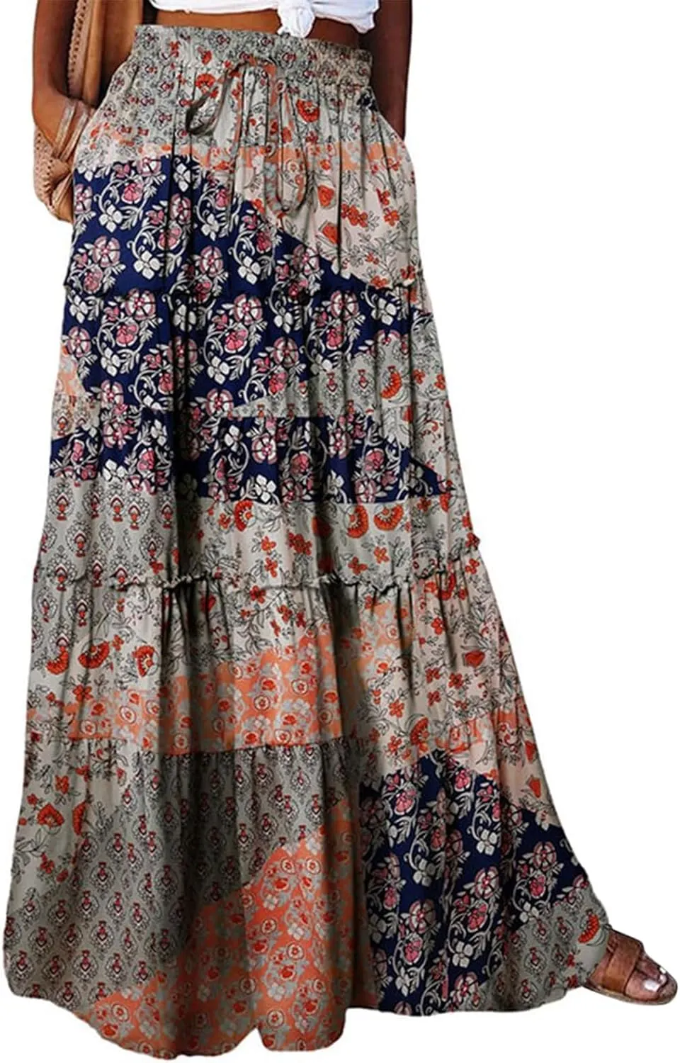 Maxi Skirts for Women Summer Floral Elastic High Waist Drawstring Tropical Skirts Pleated A-Line Tiered Long Skirt