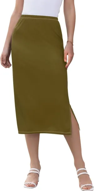 Medium Slate Blue Midi Skirt Slit Women Floral Pencil Skirts Elastic Waist Cute Summer Skirt