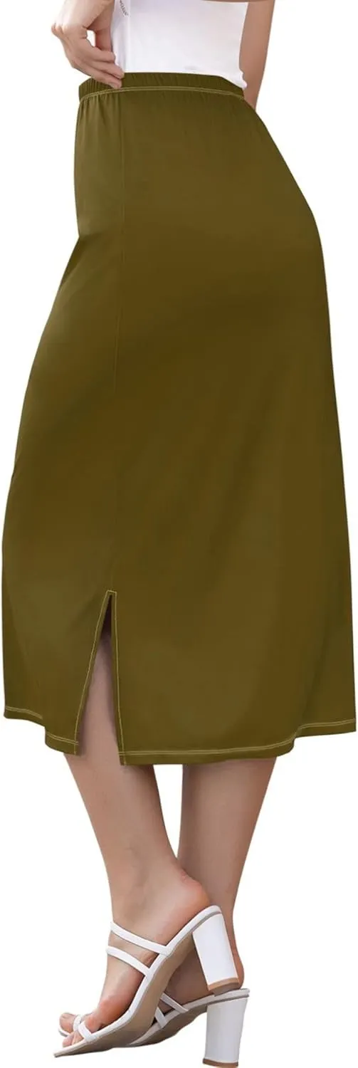 Medium Slate Blue Midi Skirt Slit Women Floral Pencil Skirts Elastic Waist Cute Summer Skirt