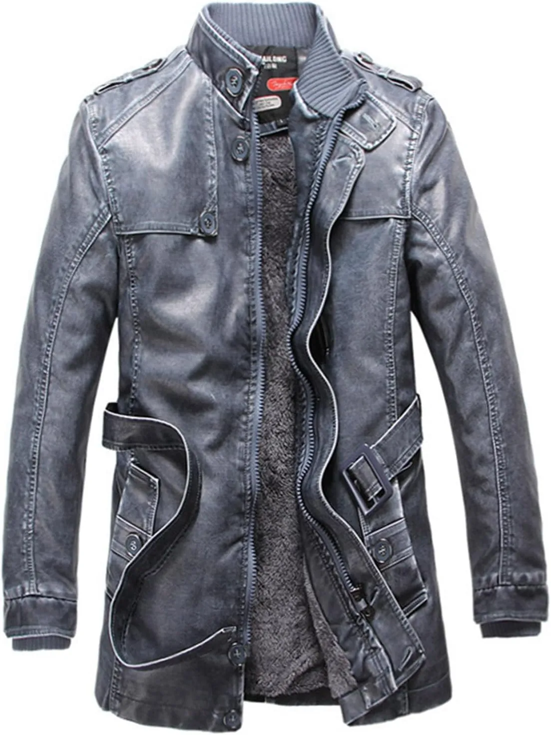 Men Faux Leather Jackets Vintage Distressed Zipper Button Biker Coat Lightweight Racer Motorcycle Jackets with Belt