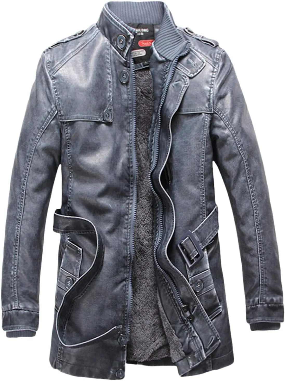 Men Faux Leather Jackets Vintage Distressed Zipper Button Biker Coat Lightweight Racer Motorcycle Jackets with Belt