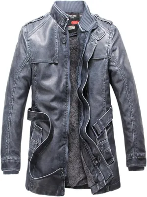 Men Faux Leather Jackets Vintage Distressed Zipper Button Biker Coat Lightweight Racer Motorcycle Jackets with Belt