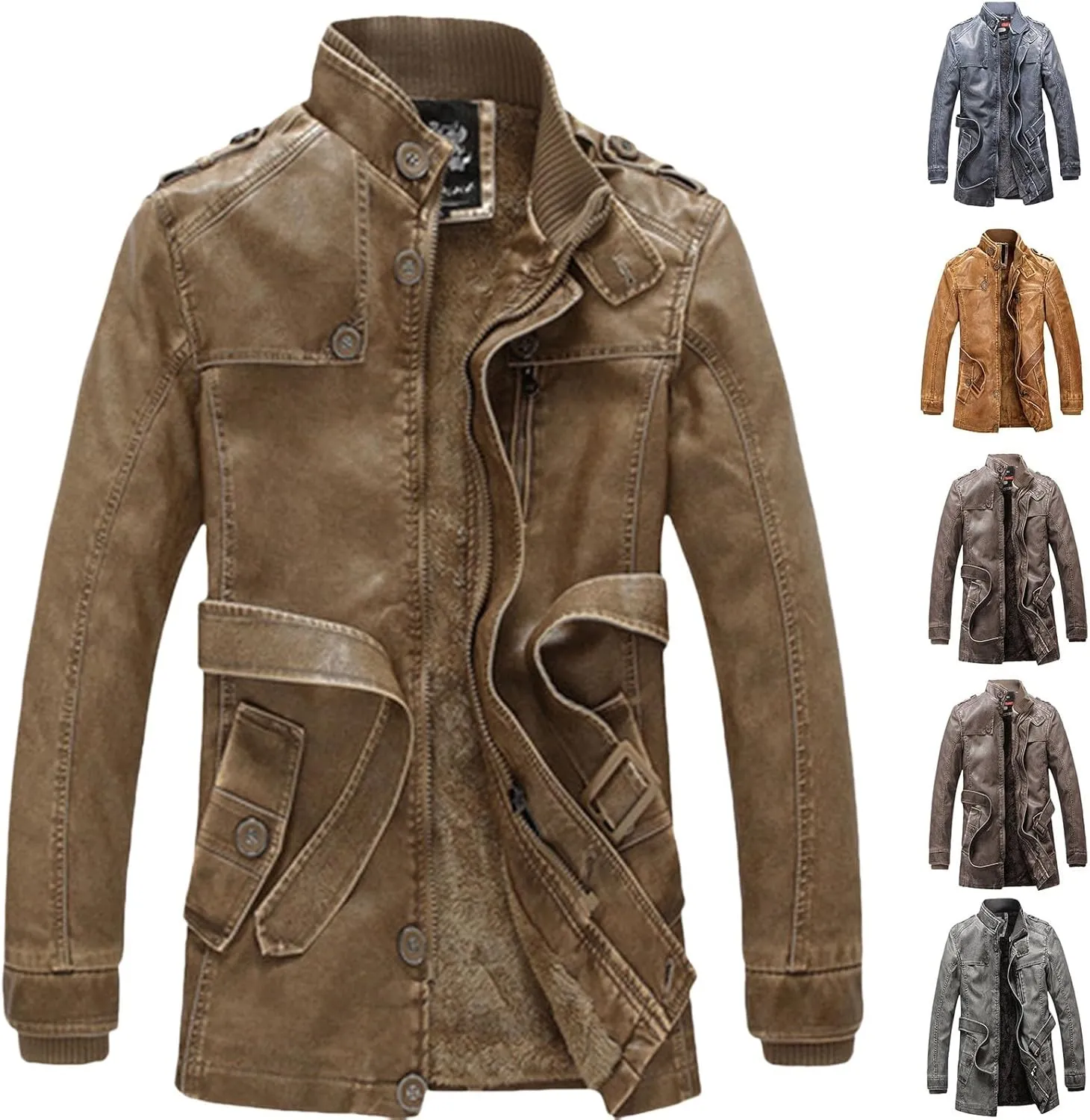 Men Faux Leather Jackets Vintage Distressed Zipper Button Biker Coat Lightweight Racer Motorcycle Jackets with Belt