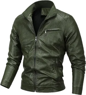 Men Faux Leather Zip Up Jacket Fleece Stand Collar Leather Motorcycle Jacket Multiple Pockets Bomber Outwear PU Coat