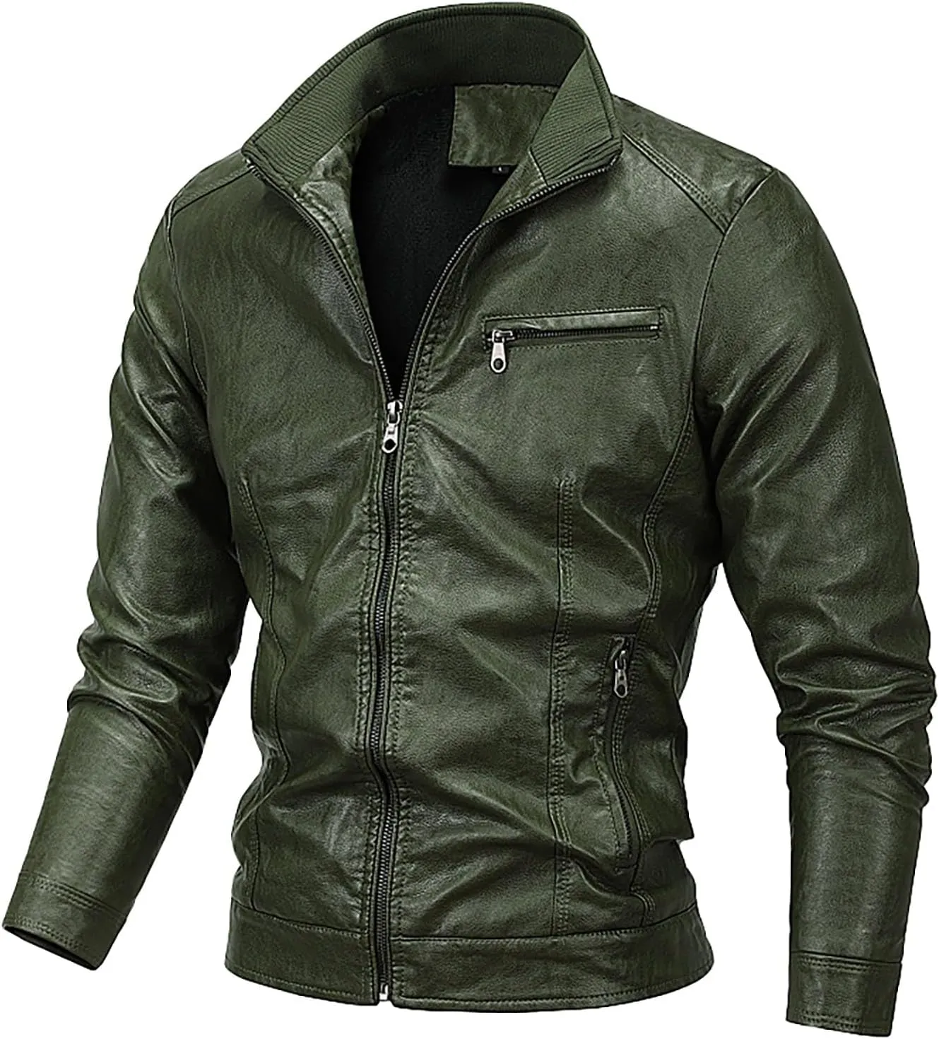 Men Faux Leather Zip Up Jacket Fleece Stand Collar Leather Motorcycle Jacket Multiple Pockets Bomber Outwear PU Coat