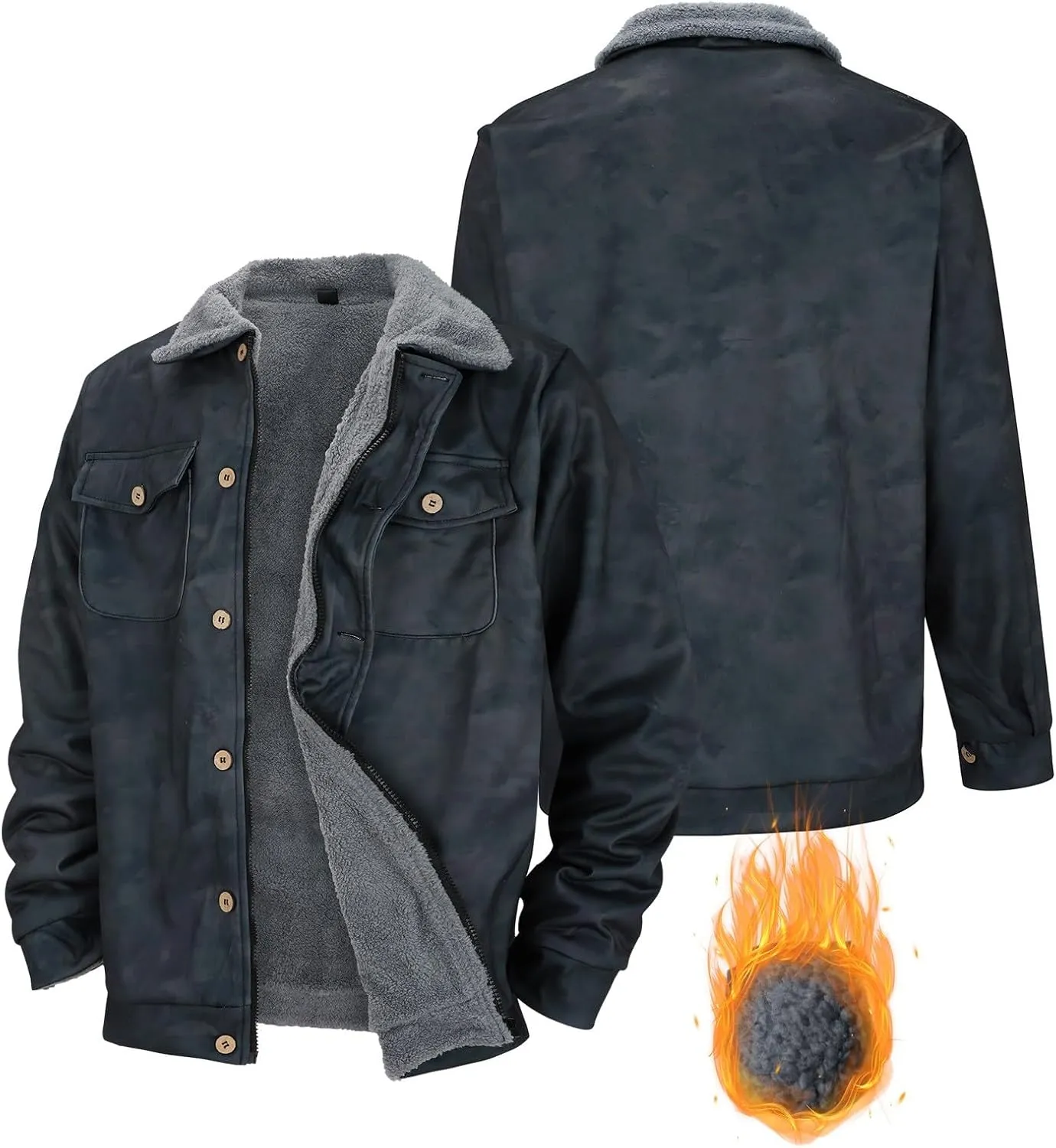 Men Sherpa Fleece Lined Jacket Plus Size Distressed Aztec Plaid Trucker Coats Chunky Warm Winter Outwear with Pockets