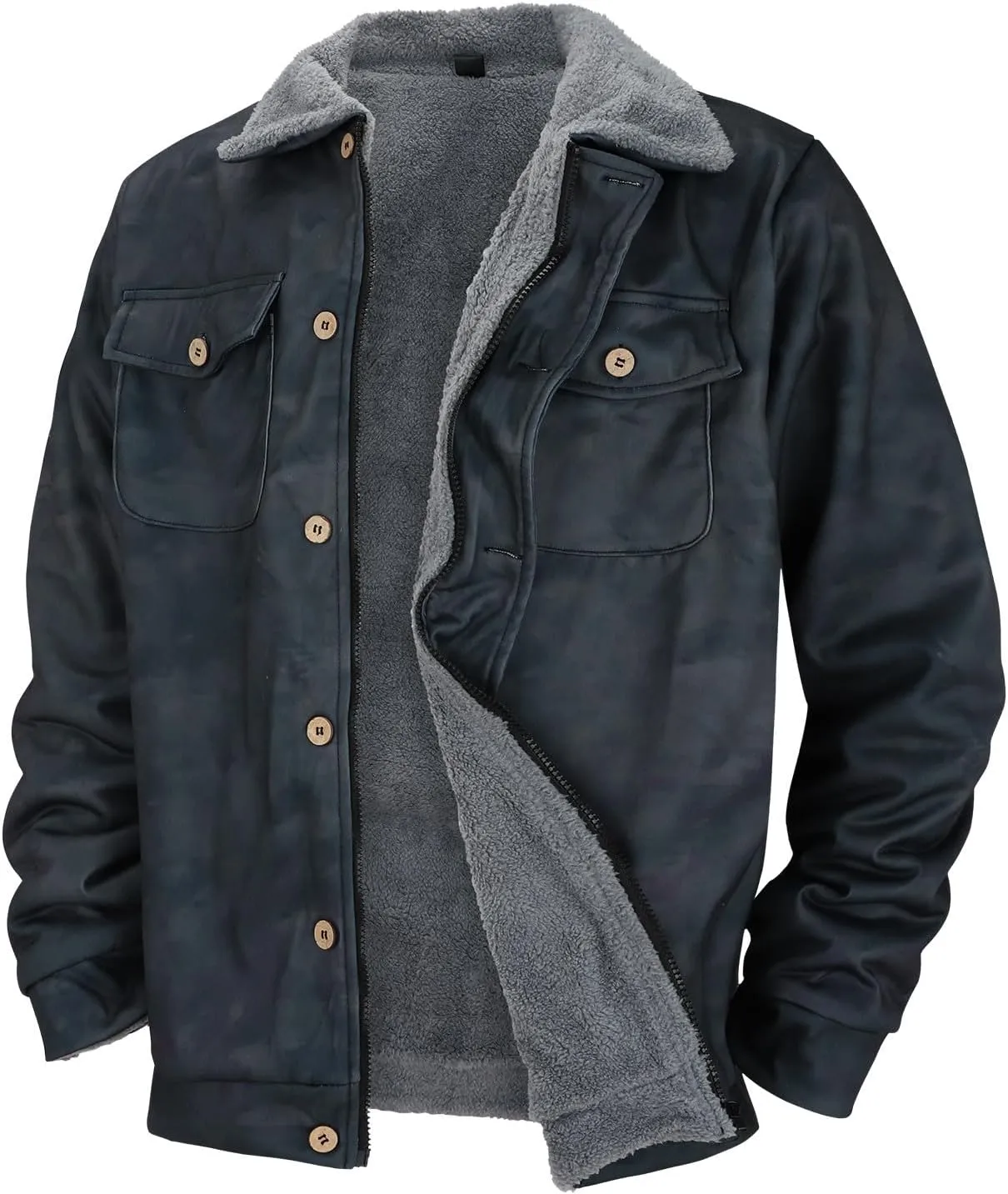 Men Sherpa Fleece Lined Jacket Plus Size Distressed Aztec Plaid Trucker Coats Chunky Warm Winter Outwear with Pockets