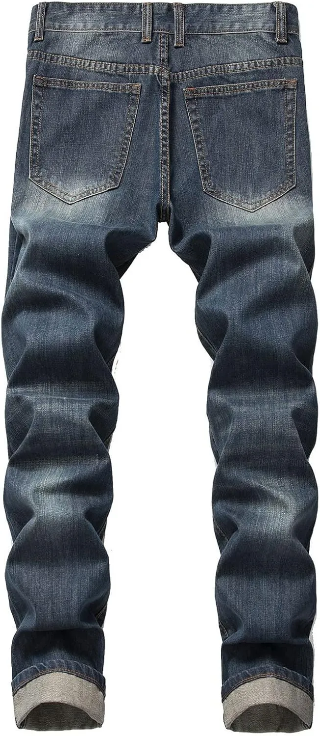 Men Vintage Distressed Straight Jeans Fashion Design Streetwear Destroyed Jeans Stretch Fit Washed Denim Jeans
