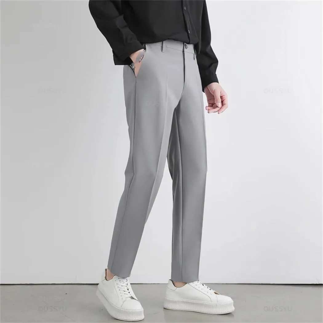 Men‘S Autumn Winter Suit Pants Stretch Slim Business Office Non-Iron Elastic Waist Casual Trouser