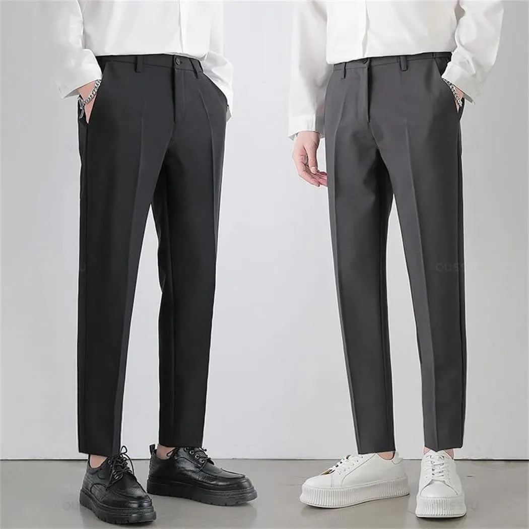 Men‘S Autumn Winter Suit Pants Stretch Slim Business Office Non-Iron Elastic Waist Casual Trouser