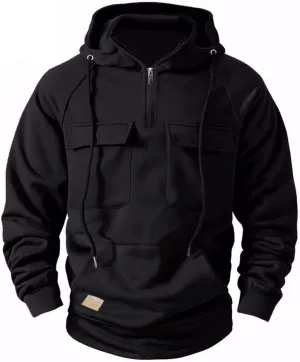 Men's Cargo Hoodies Fleece Long Sleeve Camo Hoodie Tactical Sweatshirts Quarter Zip Pullover Hooded Sweatshirts Jacket
