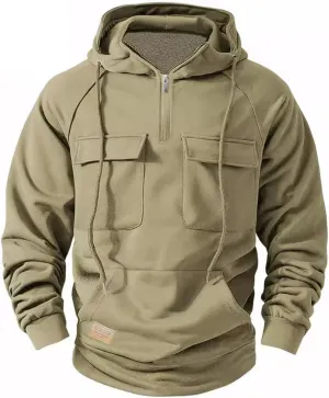 Men's Cargo Hoodies Fleece Long Sleeve Camo Hoodie Tactical Sweatshirts Quarter Zip Pullover Hooded Sweatshirts Jacket