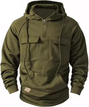 Men's Cargo Hoodies Fleece Long Sleeve Camo Hoodie Tactical Sweatshirts Quarter Zip Pullover Hooded Sweatshirts Jacket