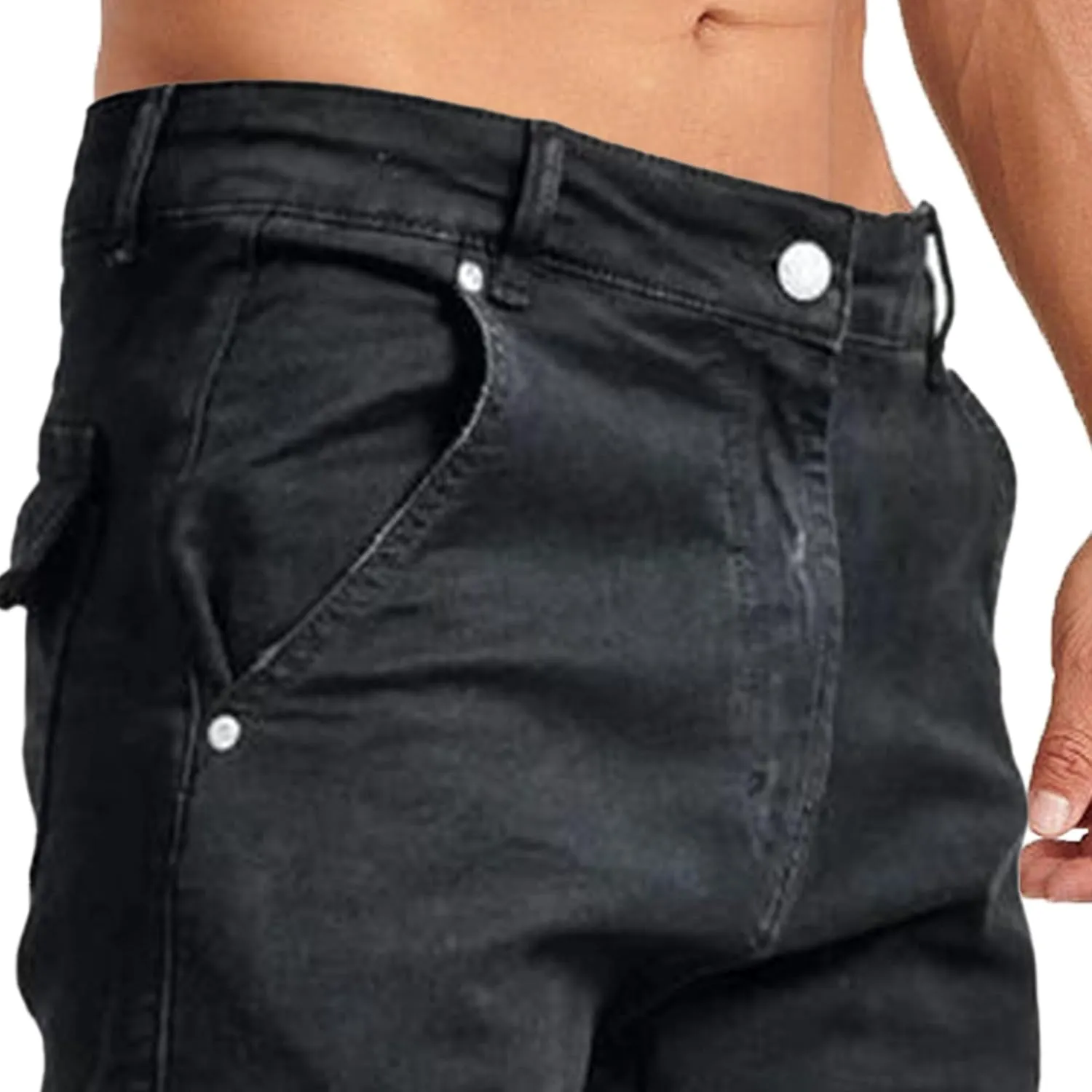 Mens Cargo Multi Pocket Denim Pants Slim Fit Casual Workout Jeans Biker Moto Washed Straight Jean