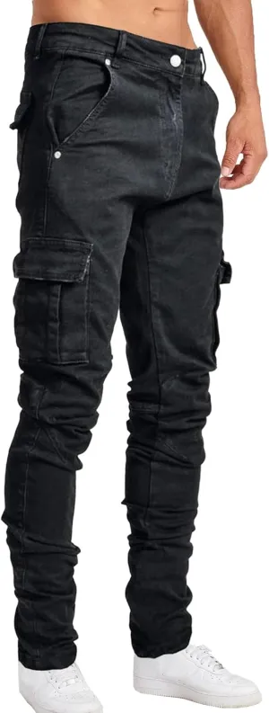 Mens Cargo Multi Pocket Denim Pants Slim Fit Casual Workout Jeans Biker Moto Washed Straight Jean