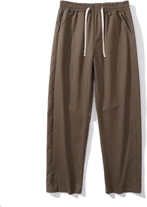 Mens Casual Cotton Pants Elastic Waist Drawstring Straight Leg Trousers Lightweight Breathable Pants with Pockets