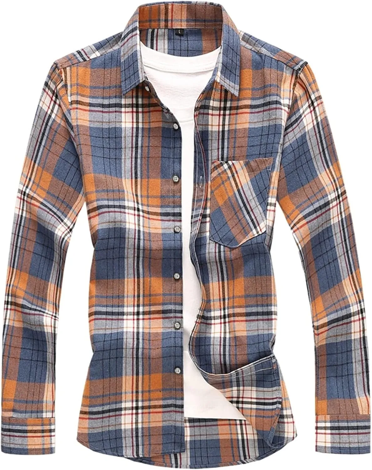 Mens Casual Cotton Plaid Shirts Slim Fit Button Down Long Sleeve Cotton Shirt Outdoor Fishing Hiking Travel Tee Top