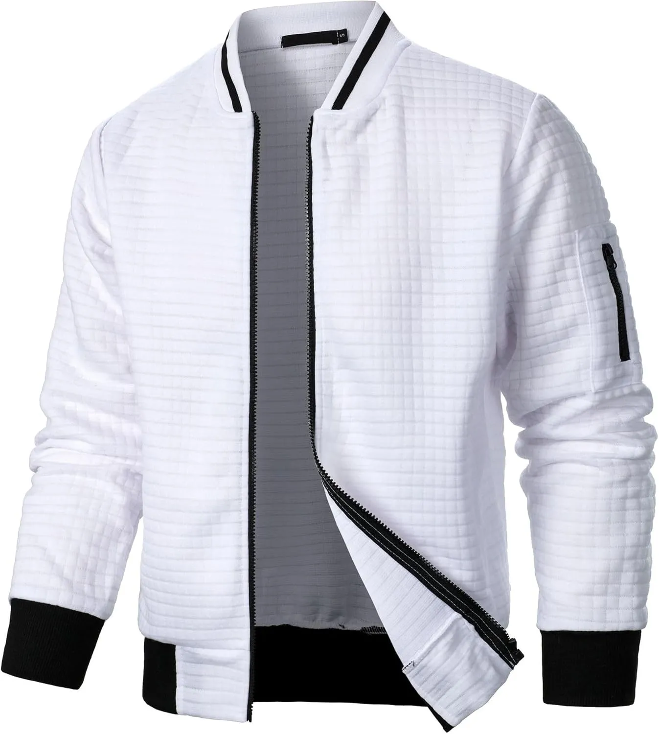 Men's Casual Plaid Cardigan Sweatshirt Stand Collar Casual Full Zip Long Sleeve Sweater Business Slim Fit Coats