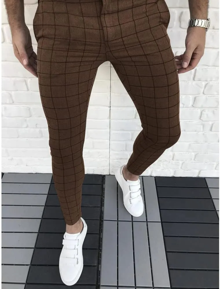 Mens Casual Plaid Jogger Pants Fashion Checked Flat Front Slim Fit Stretch Skinny Dress Pants Suit Trousers with Pocket