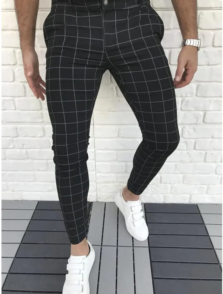 Mens Casual Plaid Jogger Pants Fashion Checked Flat Front Slim Fit Stretch Skinny Dress Pants Suit Trousers with Pocket