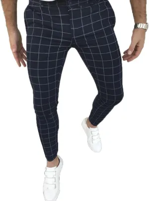 Mens Casual Plaid Jogger Pants Fashion Checked Flat Front Slim Fit Stretch Skinny Dress Pants Suit Trousers with Pocket