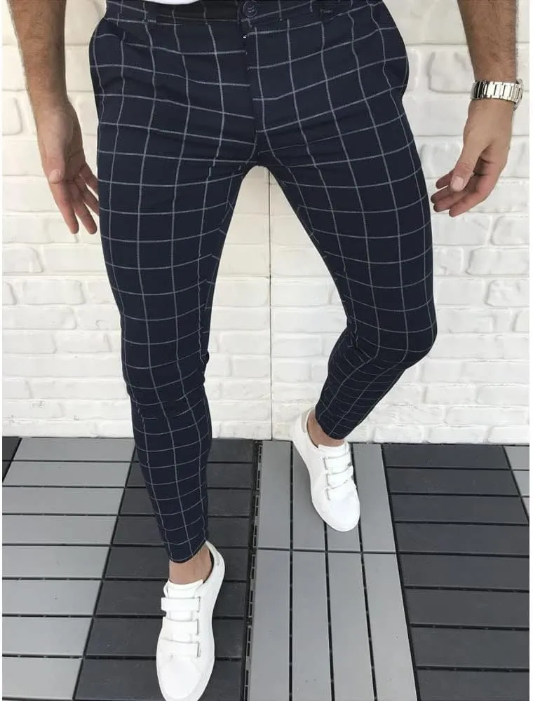 Mens Casual Plaid Jogger Pants Fashion Checked Flat Front Slim Fit Stretch Skinny Dress Pants Suit Trousers with Pocket
