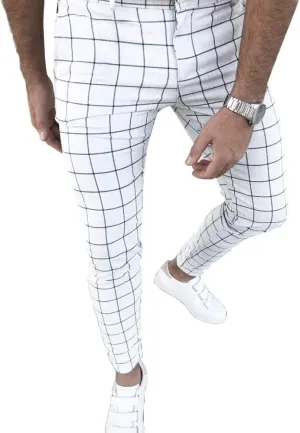 Mens Casual Plaid Jogger Pants Fashion Checked Flat Front Slim Fit Stretch Skinny Dress Pants Suit Trousers with Pocket