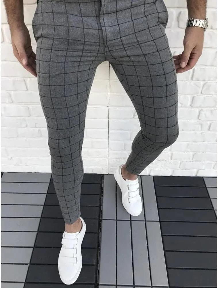 Mens Casual Plaid Jogger Pants Fashion Checked Flat Front Slim Fit Stretch Skinny Dress Pants Suit Trousers with Pocket