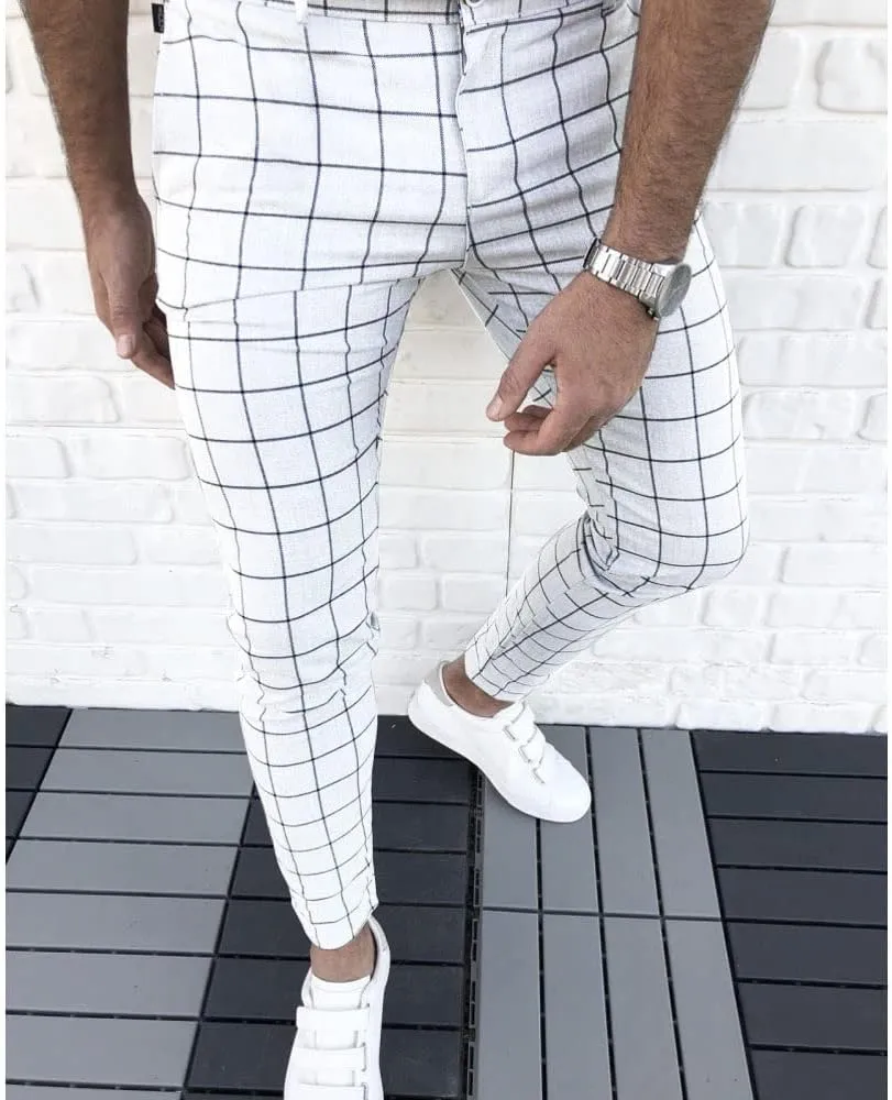 Mens Casual Plaid Jogger Pants Fashion Checked Flat Front Slim Fit Stretch Skinny Dress Pants Suit Trousers with Pocket