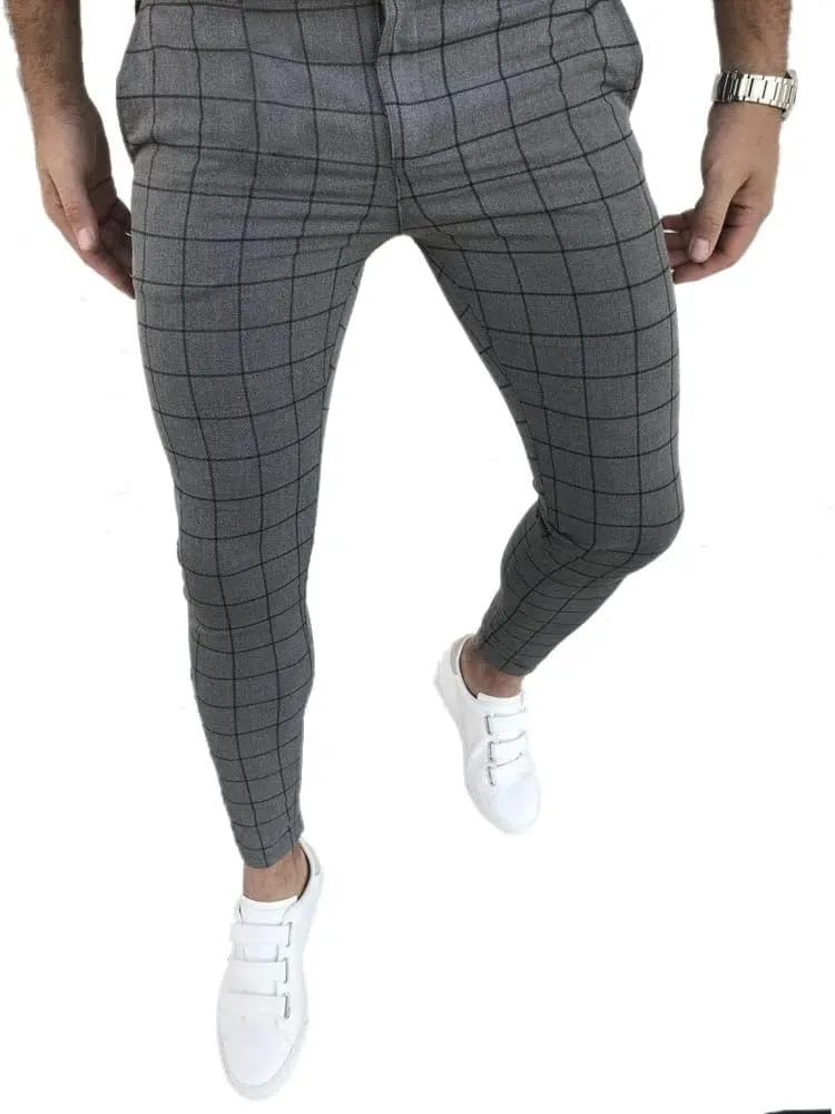 Mens Casual Plaid Jogger Pants Fashion Checked Flat Front Slim Fit Stretch Skinny Dress Pants Suit Trousers with Pocket