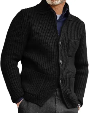 Men's Chunky Knit Cardigan Sweater Cable Kniited Open Front Warm Winter Jackets Button Down Lapel Casual Coats Big&Tall