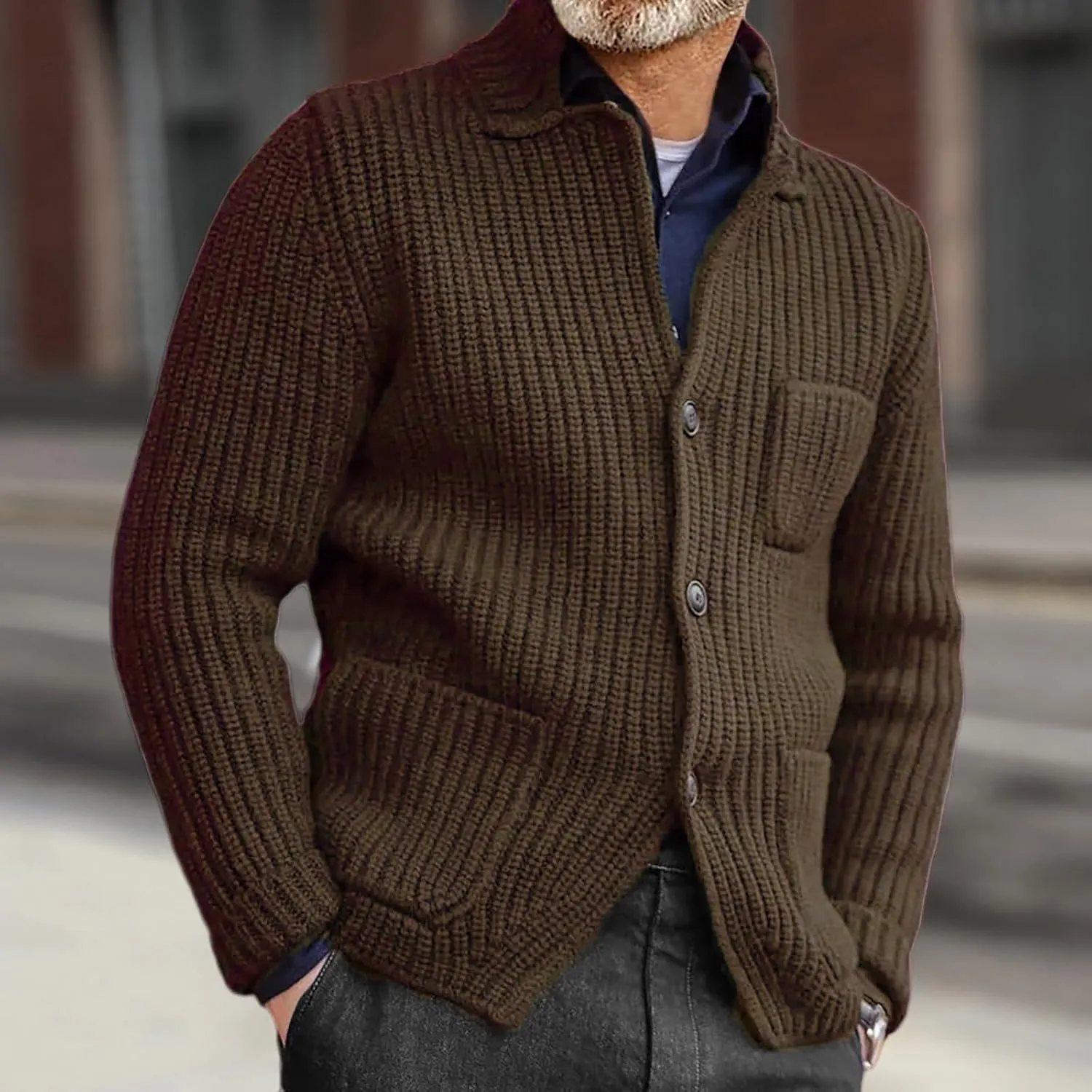 Men's Chunky Knit Cardigan Sweater Cable Kniited Open Front Warm Winter Jackets Button Down Lapel Casual Coats Big&Tall