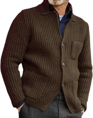 Men's Chunky Knit Cardigan Sweater Cable Kniited Open Front Warm Winter Jackets Button Down Lapel Casual Coats Big&Tall