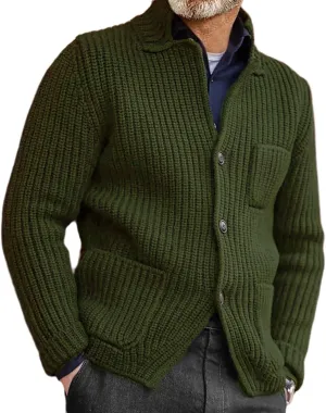 Men's Chunky Knit Cardigan Sweater Cable Kniited Open Front Warm Winter Jackets Button Down Lapel Casual Coats Big&Tall