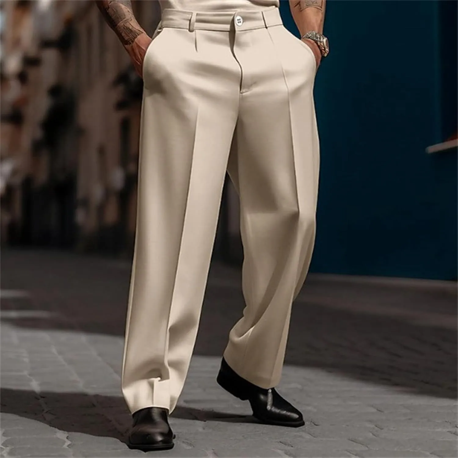 Mens Classic Dress Pant Loose Fit Straight Leg Big and Tall Casual Flat Front Pant Comfort Business Suit Trousers