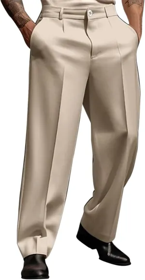 Mens Classic Dress Pant Loose Fit Straight Leg Big and Tall Casual Flat Front Pant Comfort Business Suit Trousers