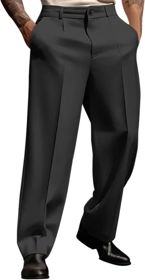 Mens Classic Dress Pant Loose Fit Straight Leg Big and Tall Casual Flat Front Pant Comfort Business Suit Trousers