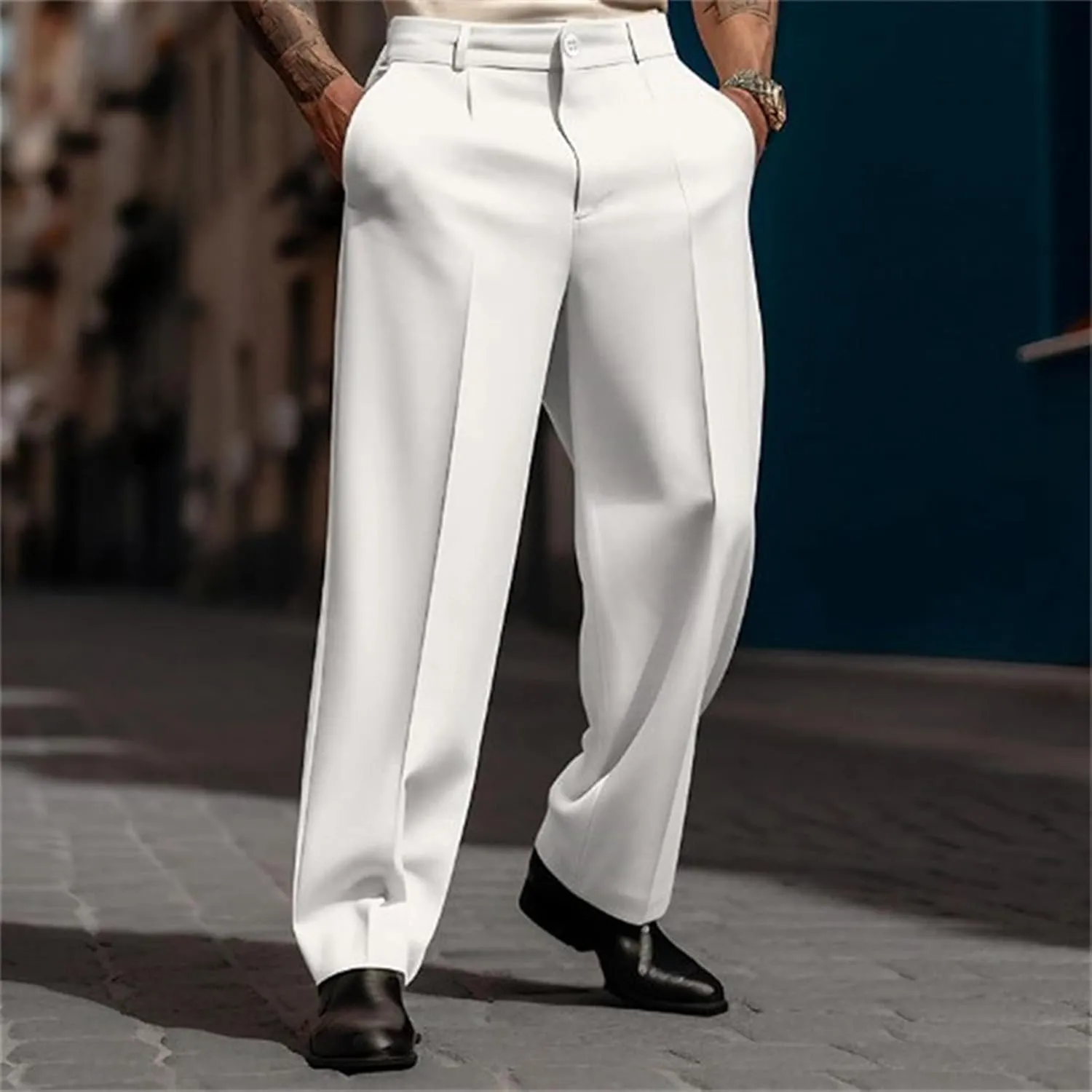 Mens Classic Dress Pant Loose Fit Straight Leg Big and Tall Casual Flat Front Pant Comfort Business Suit Trousers