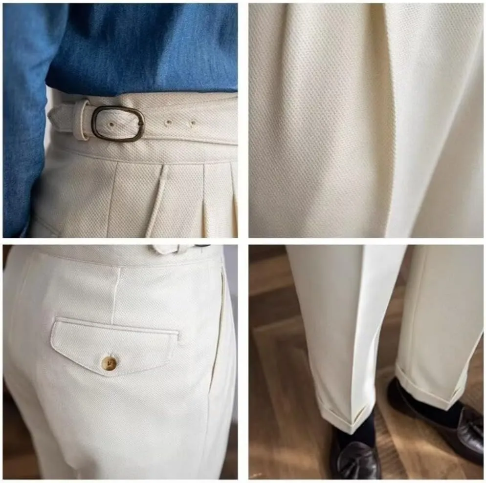 Men's Classic Gurkha Naples Italian Style Dress Pants High Waisted Pleated No Iron Suit Trousers Straight Leg Slacks