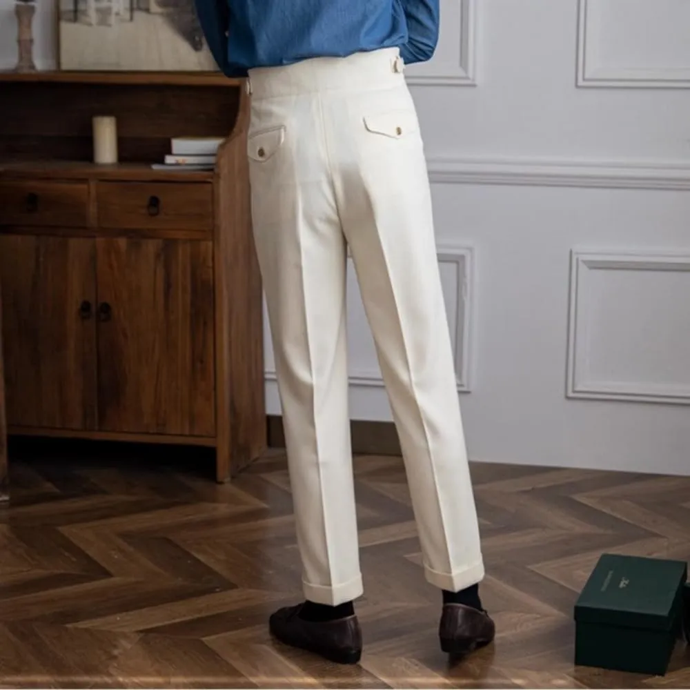 Men's Classic Gurkha Naples Italian Style Dress Pants High Waisted Pleated No Iron Suit Trousers Straight Leg Slacks